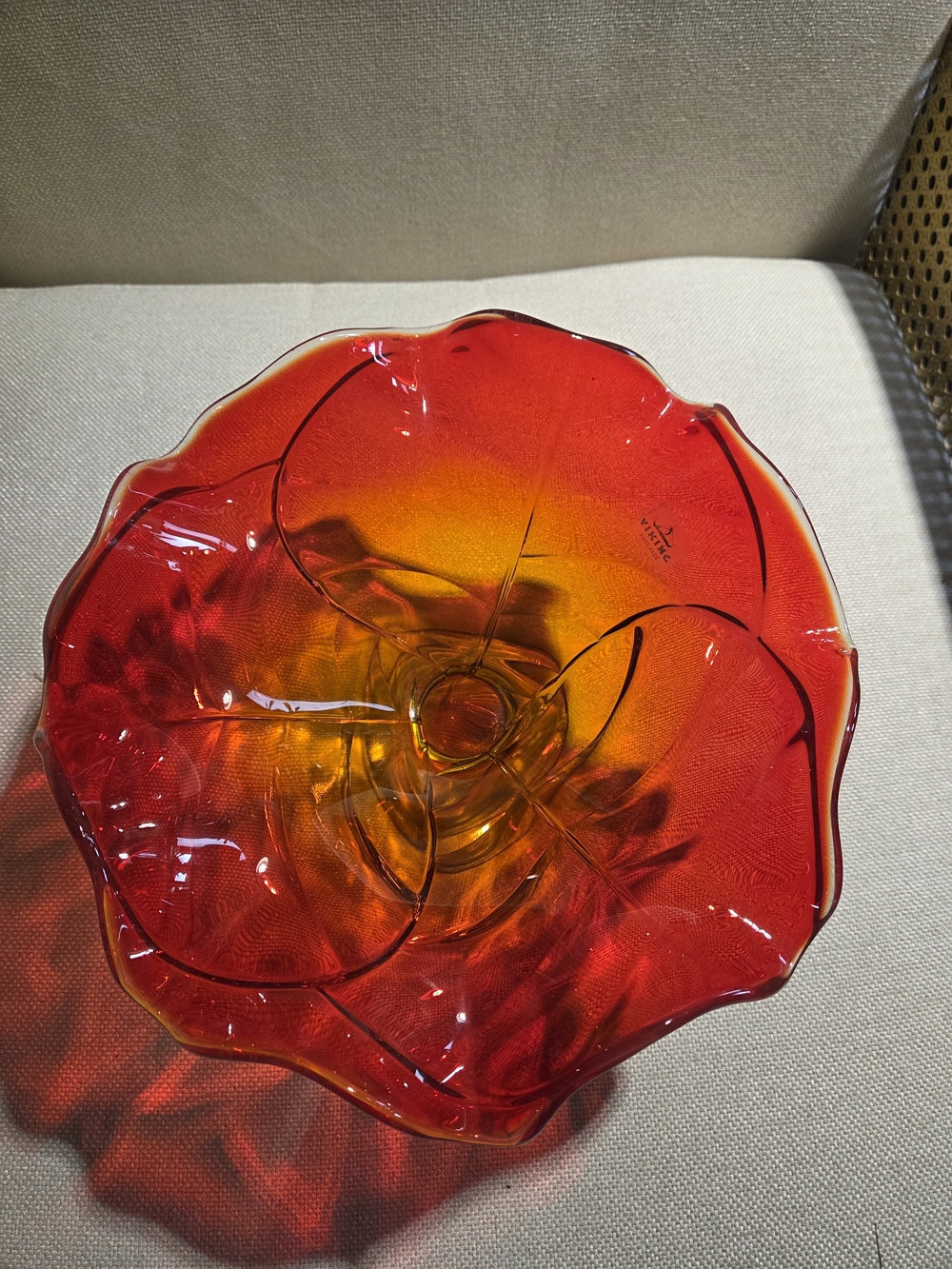 Art Glass Decorative Viking Amberina Pedestal Bowl in Red and Orange